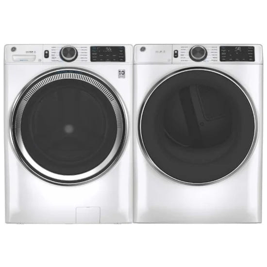 GE Front Load Washer & Electric Dryer Bundle on a countertop