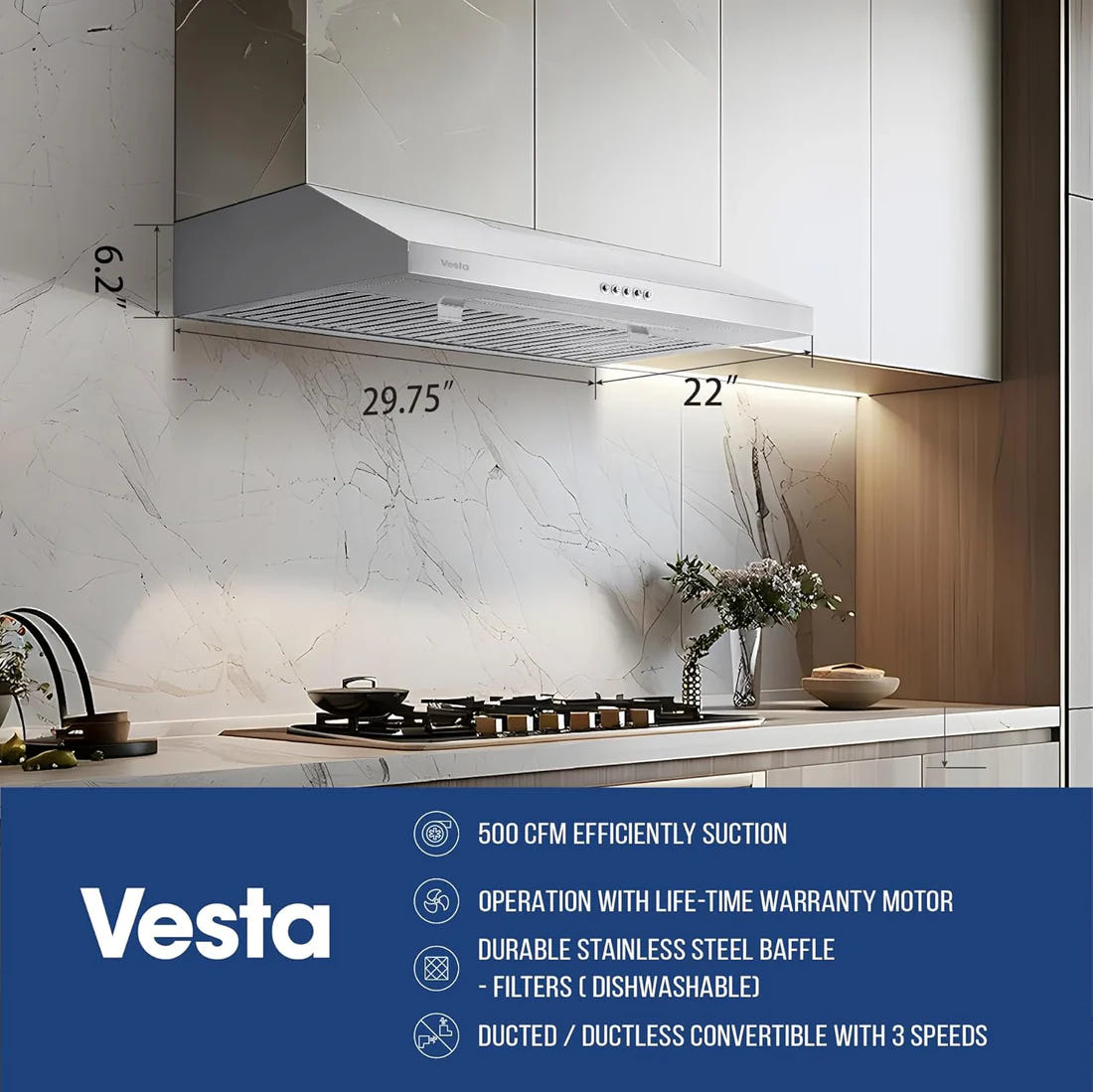 30" Vesta Charlotte 500 CFM Under Cabinet Range Hood in Stainless Steel