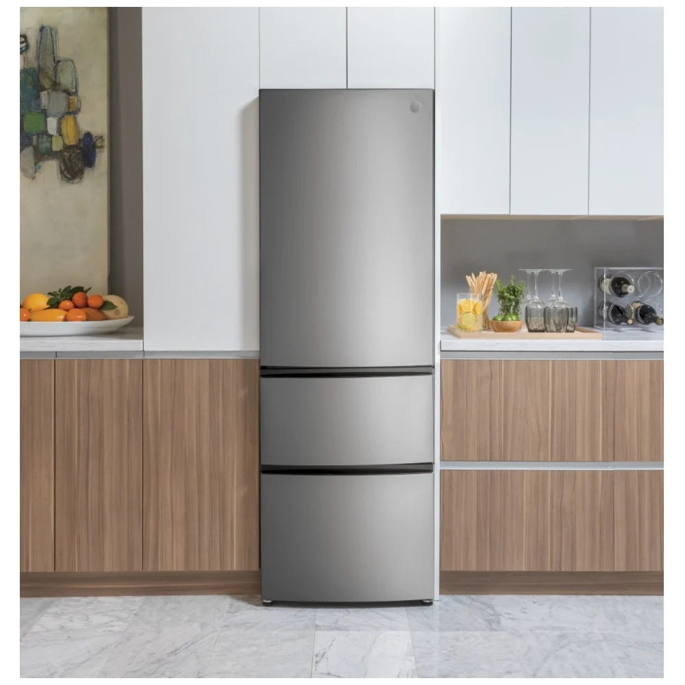 GE GLE12HSPSS Bottom Freezer Refrigerator, 24 inch Width, ENERGY STAR Certified, Counter Depth, 11.9 cu. ft. Capacity, Optional Ice Maker (Special Order), Stainless Steel colour