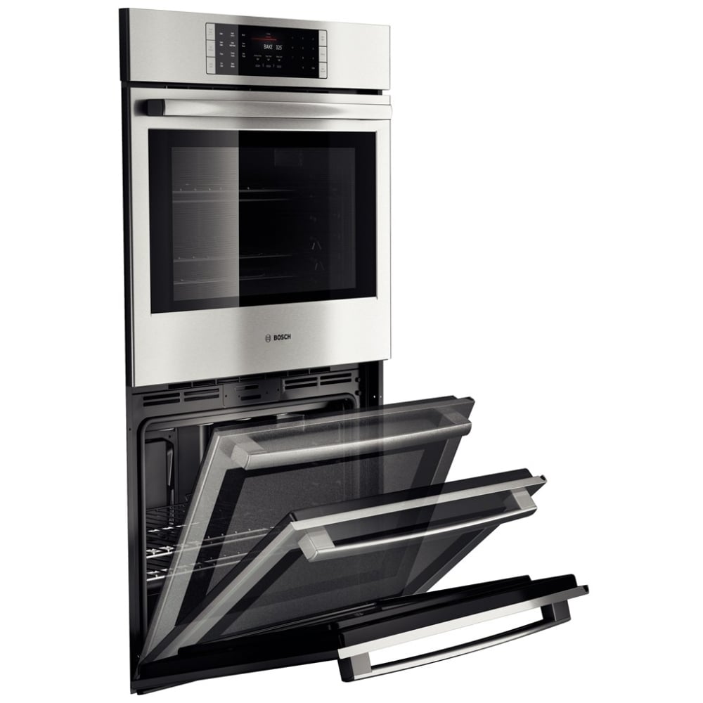 Bosch Benchmark Series HBLP651UC Double Wall Oven, 30 inch Exterior Width, Both Ovens Convection, Both Ovens Self Clean, 9 cu. ft. Capacity, Temperature Probe, Stainless Steel colour True European Convection; Telescopic Gliding Extension Rack
