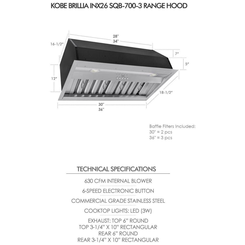 Kobe INX2636SQB-700-3 Range Hood