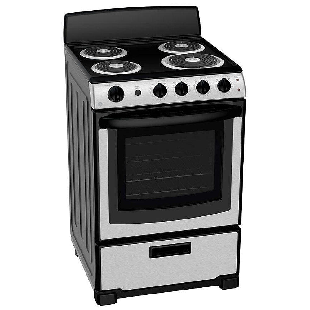 GE JCAS300RPSS Electric Range, 24 inch Exterior Width, 4 Burners, 2.9 cu. ft. Capacity, Storage Drawer, 1 Ovens, 2400Watts Highest Burner Element (Watts), Stainless Steel / Black colour