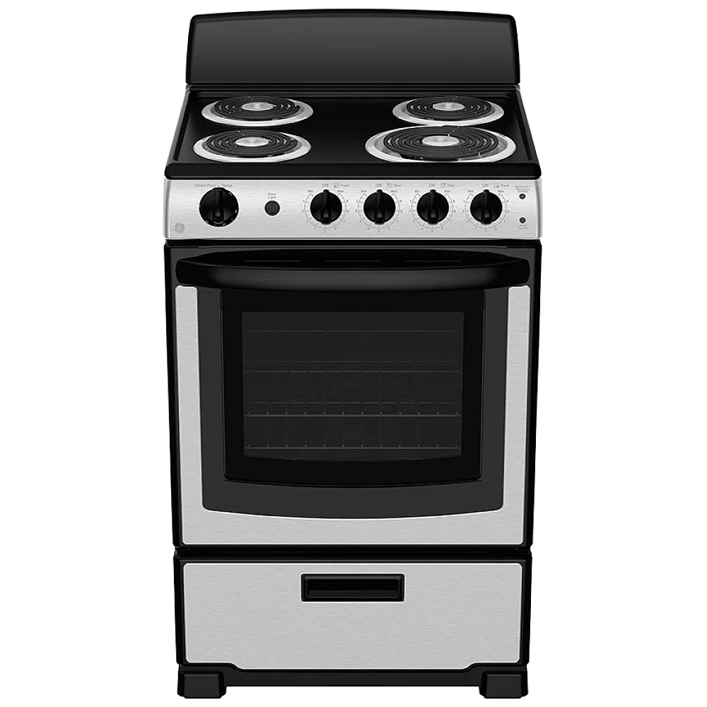 GE JCAS300RPSS Electric Range, 24 inch Exterior Width, 4 Burners, 2.9 cu. ft. Capacity, Storage Drawer, 1 Ovens, 2400Watts Highest Burner Element (Watts), Stainless Steel / Black colour