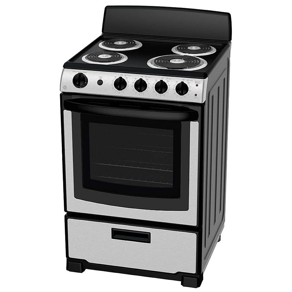 GE JCAS300RPSS Electric Range, 24 inch Exterior Width, 4 Burners, 2.9 cu. ft. Capacity, Storage Drawer, 1 Ovens, 2400Watts Highest Burner Element (Watts), Stainless Steel / Black colour