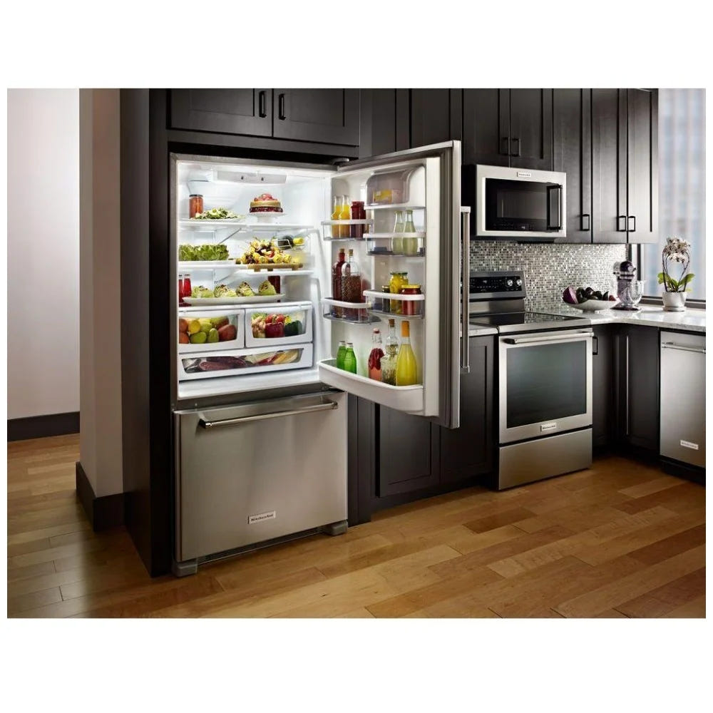 KitchenAid KRBL102ESS Bottom Freezer Refrigerator, 33 inch Width, ENERGY STAR Certified, 22.1 cu. ft. Capacity, Optional Ice Maker (Special Order), Stainless Steel colour