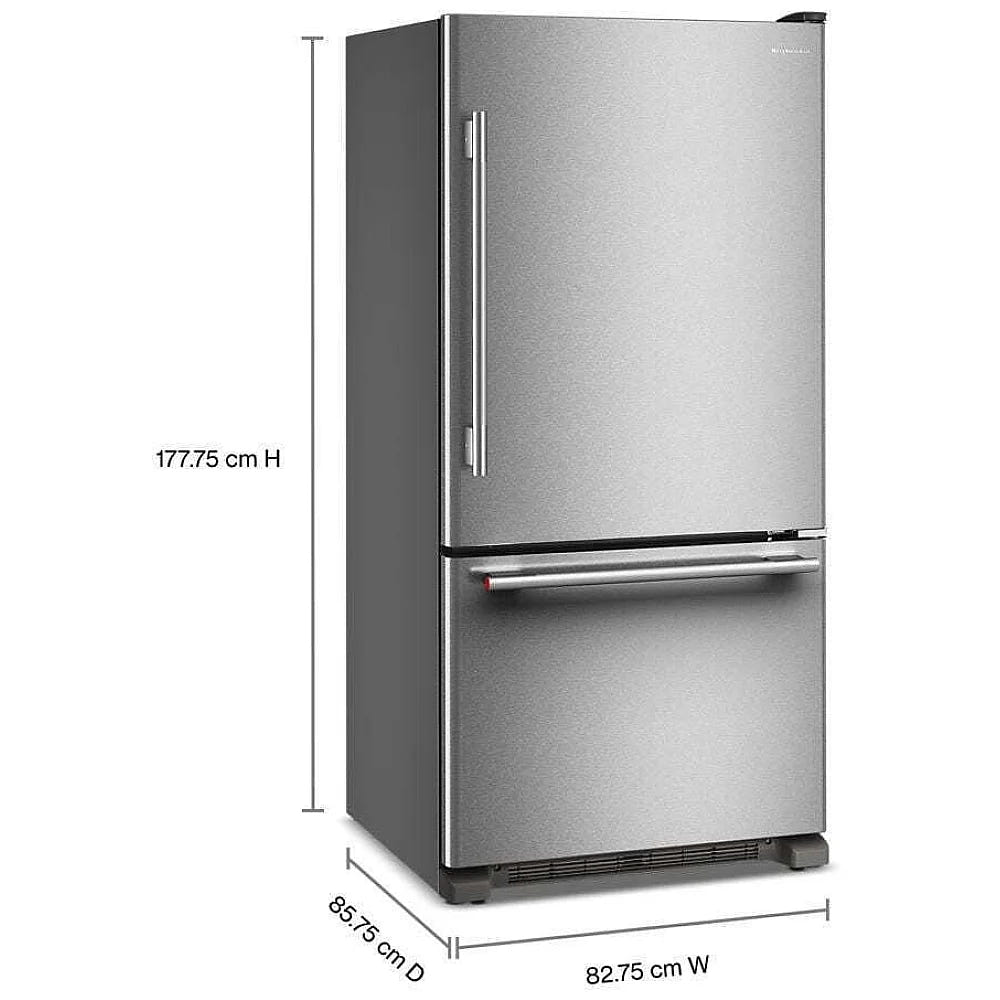 KitchenAid KRBR133SPS Bottom Freezer Refrigerator, 33 inch Width, Optional Ice Maker (Special Order), ENERGY STAR Certified, 22.1 cu. ft. Capacity, PrintShield Stainless colour, Preserva® Food Care