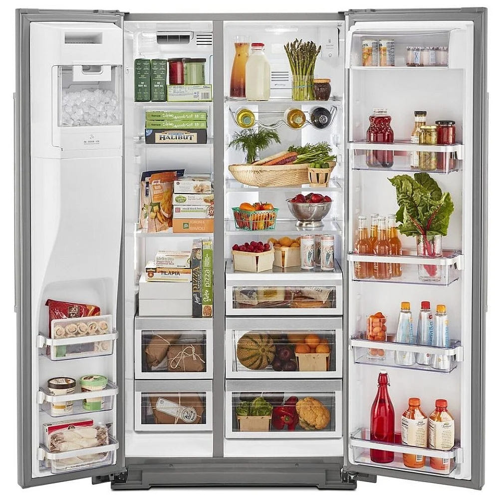 KitchenAid KRSC700HPS 并排式冰箱,36 英寸宽,台面深度,19.99 立方英尺容量,饮水机(外部),制冰机(门内),不锈钢色农产品保鲜器