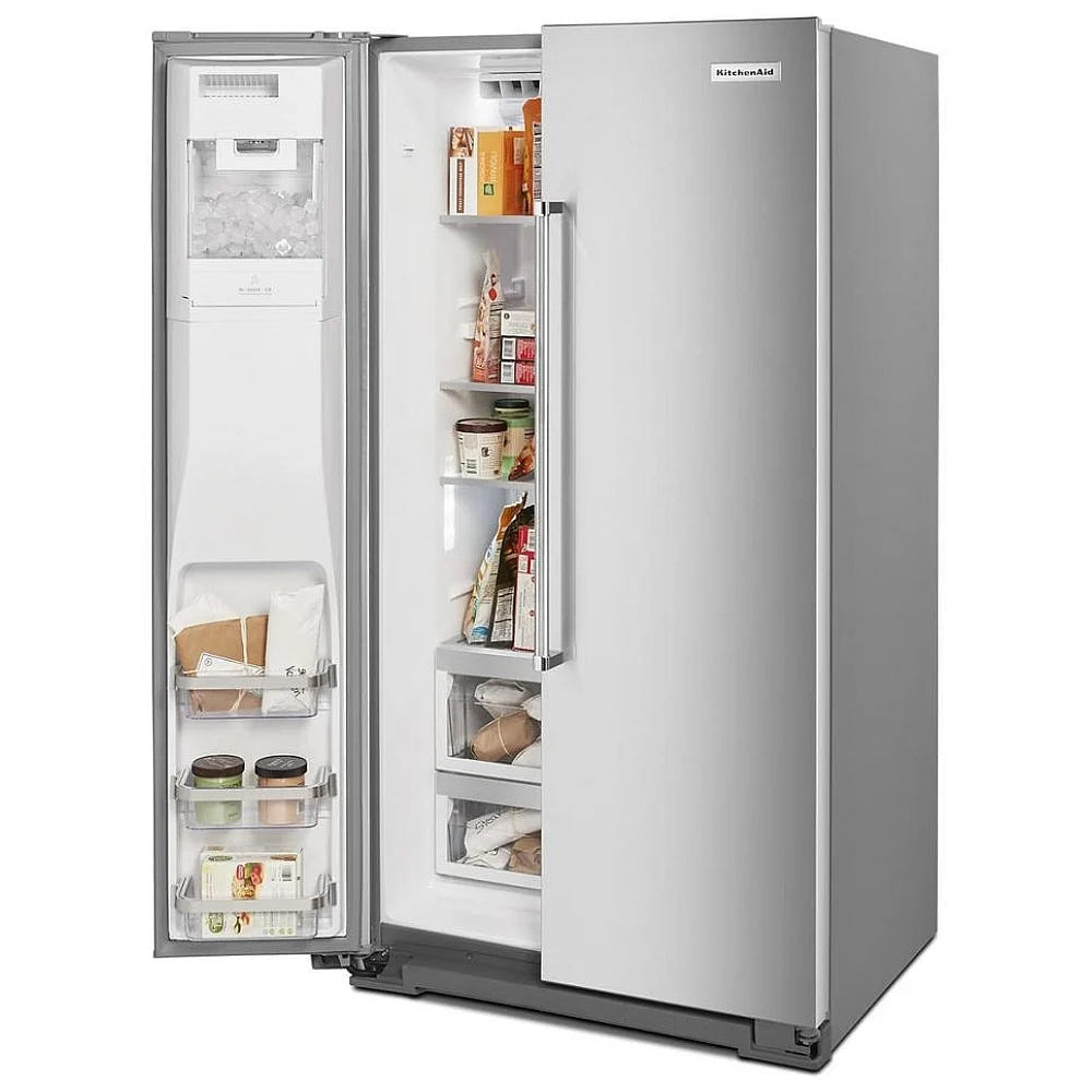 KitchenAid KRSC700HPS 并排式冰箱,36 英寸宽,台面深度,19.99 立方英尺容量,饮水机(外部),制冰机(门内),不锈钢色农产品保鲜器