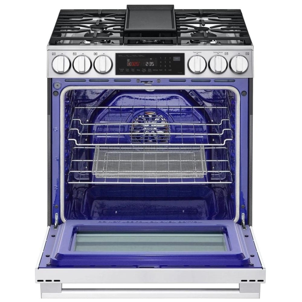 LG LSGL6335X 燃气灶,6.3 立方英尺容量,30 英寸外部宽度,自清洁,对流,5 个燃烧器,储物抽屉,空气炸锅,20,000 BTU