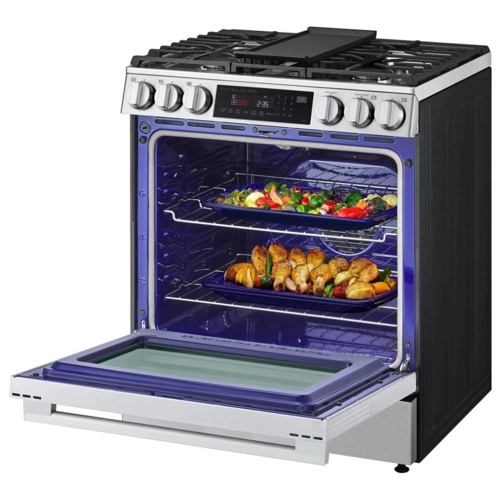 LG LSGL6335X 燃气灶,6.3 立方英尺容量,30 英寸外部宽度,自清洁,对流,5 个燃烧器,储物抽屉,空气炸锅,20,000 BTU