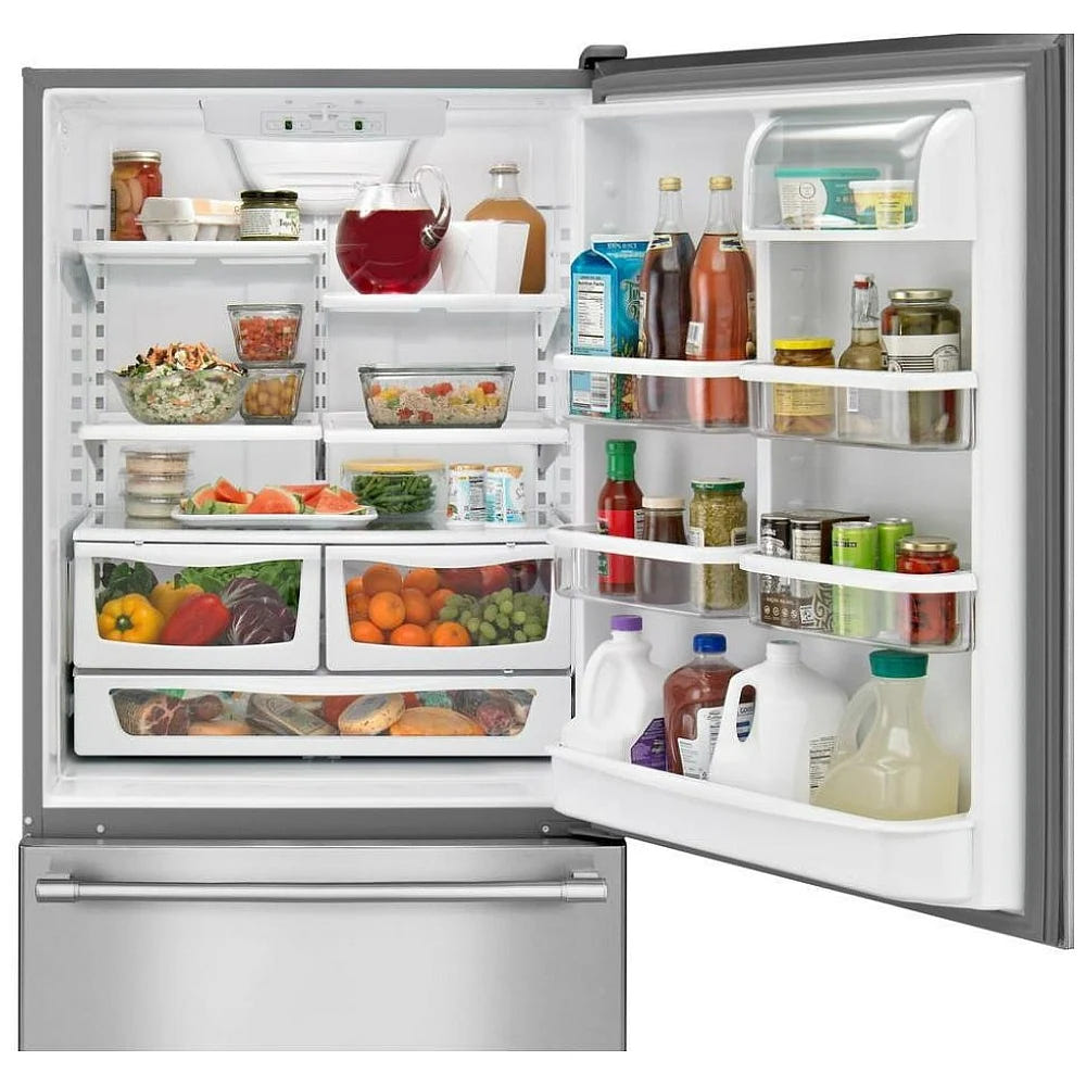 Maytag MBF2258FEZ Bottom Freezer Refrigerator, 33 inch Width, ENERGY STAR Certified, 22.07 cu. ft. Capacity, Ice Dispenser (Freezer Located), Stainless Steel colour