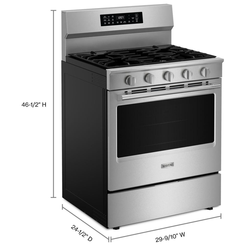 Maytag MFGS7030SZ Gas Range, 5.0 cu. ft. Capacity, 30 inch Exterior Width, Convection, 5 Burners, Storage Drawer, Air Fry, 18,000 BTU Highest Burner, FingerPrint Resistant Stainless Steel colour, Keep Warm™, Power™ Burner, Precision Cooking™