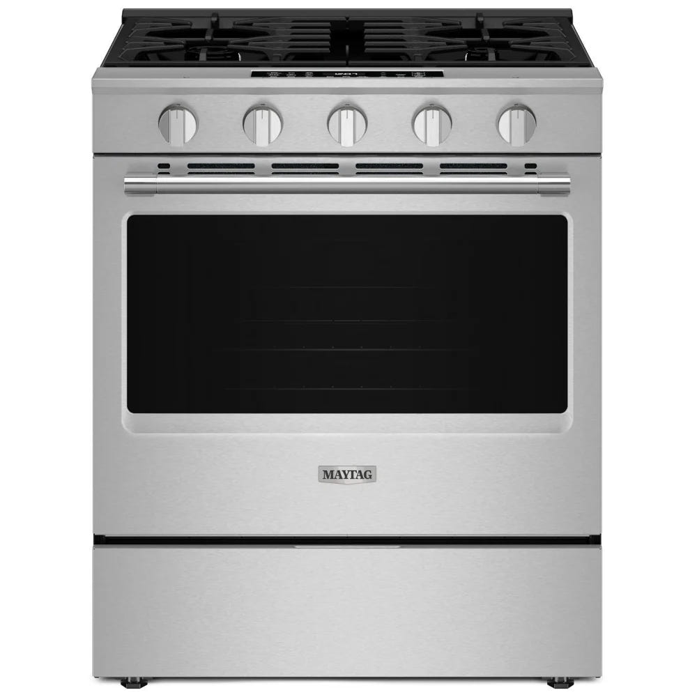 Maytag MSGS7030SZ Gas Range, 5 cu. ft. Capacity, 30 inch Exterior Width, Convection, 5 Burners, Storage Drawer, Air Fry, 18,000 BTU Highest Burner, FingerPrint Resistant Stainless Steel colour
