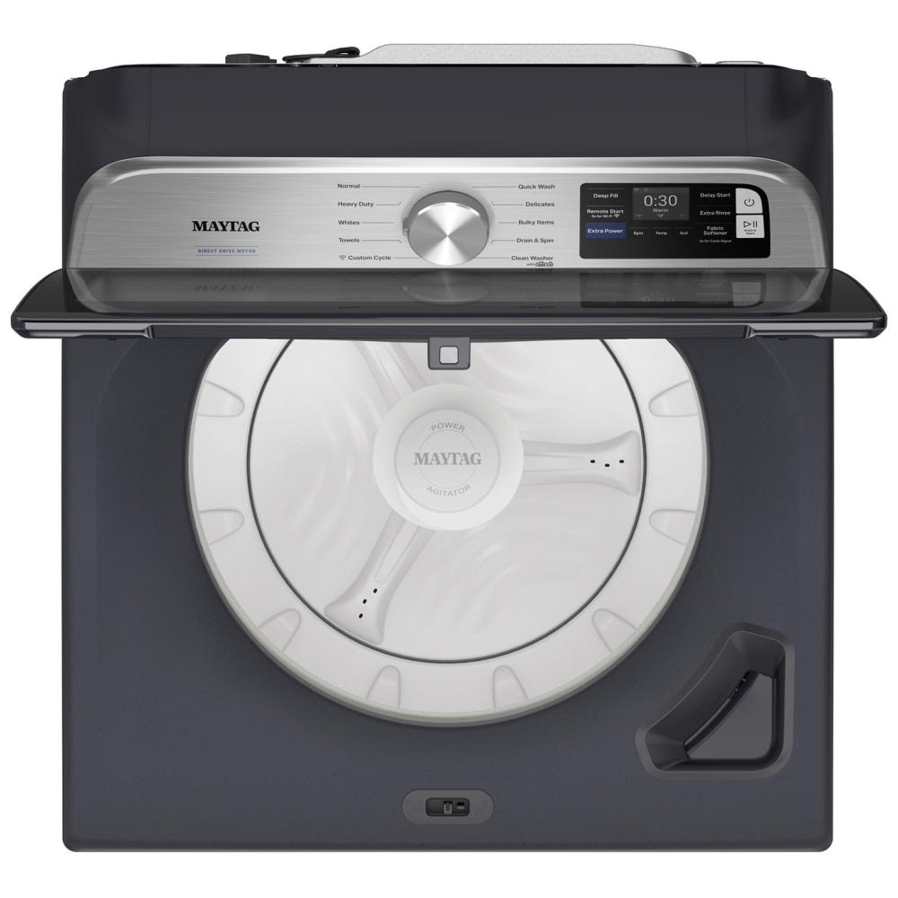 Maytag MTW6205RF 顶开式洗衣机,6 立方英尺容量,10 种洗涤程序,5 种温度设置,750 RPM 洗衣机转速,搅拌器,支持 Wifi,午夜钢色