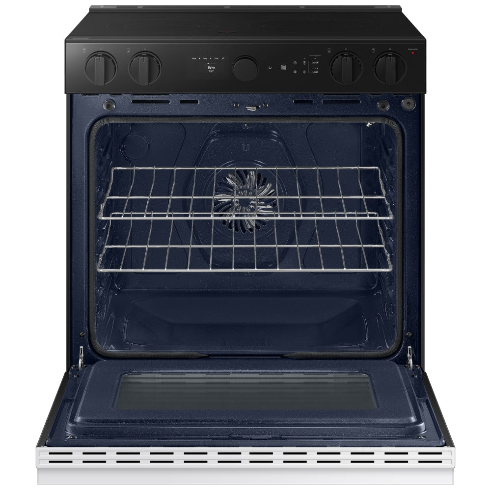 Samsung Bespoke NSE6DB850012AC Electric Range, 6.3 cu. ft. Capacity, 30 inch Exterior Width, Convection, 5 Burners, Storage Drawer, & , Self Clean, 3,600 Watts Highest Burner Element, White colour True European Convection