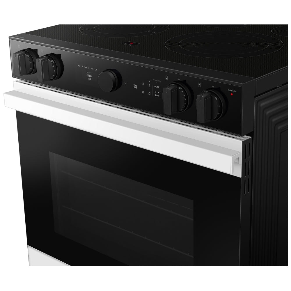 Samsung Bespoke NSE6DB850012AC Electric Range, 6.3 cu. ft. Capacity, 30 inch Exterior Width, Convection, 5 Burners, Storage Drawer, & , Self Clean, 3,600 Watts Highest Burner Element, White colour True European Convection