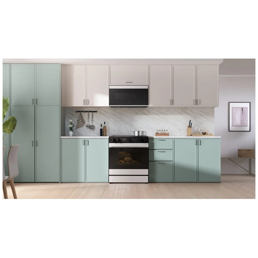 Samsung NSE6DB870012AC Electric Range, 6.3 cu. ft. Capacity, 30 inch Exterior Width, Convection, 5 Burners, Storage Drawer, Air Fry, Self Clean, 3,600 Watts Highest Burner Element, White Glass: colour True European Convection