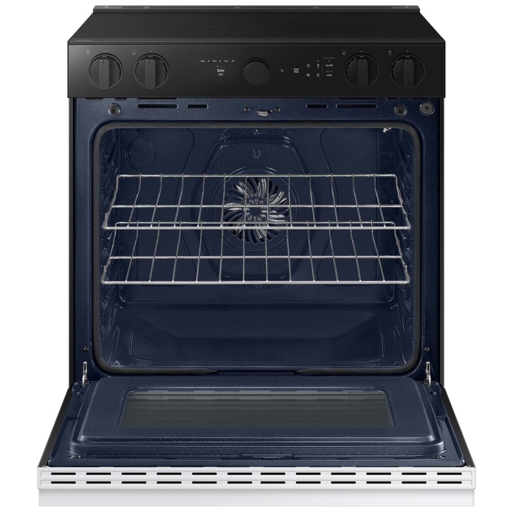 Samsung NSE6DB870012AC Electric Range, 6.3 cu. ft. Capacity, 30 inch Exterior Width, Convection, 5 Burners, Storage Drawer, Air Fry, Self Clean, 3,600 Watts Highest Burner Element, White Glass: colour True European Convection