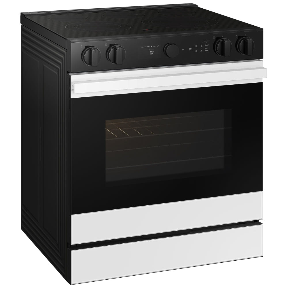 Samsung NSE6DB870012AC Electric Range, 6.3 cu. ft. Capacity, 30 inch Exterior Width, Convection, 5 Burners, Storage Drawer, Air Fry, Self Clean, 3,600 Watts Highest Burner Element, White Glass: colour True European Convection