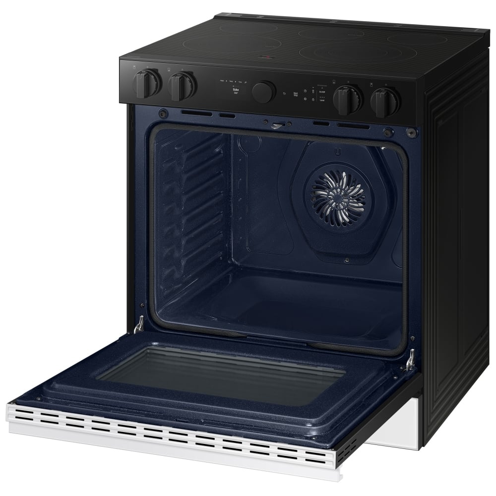 Samsung NSE6DB870012AC Electric Range, 6.3 cu. ft. Capacity, 30 inch Exterior Width, Convection, 5 Burners, Storage Drawer, Air Fry, Self Clean, 3,600 Watts Highest Burner Element, White Glass: colour True European Convection