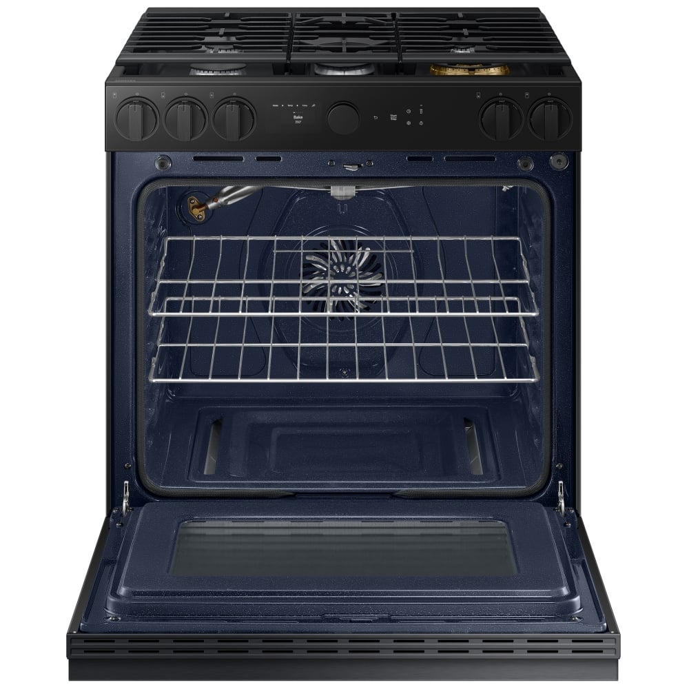 Samsung Bespoke NSG6DG8500MTAA Gas Range, 6 cu. ft. Capacity, 30 inch Exterior Width, Self Clean, True Convection, 5 Burners, Storage Drawer, & , 18,000 BTU Highest Burner, Black Matte Steel colour Aluminum Griddle,