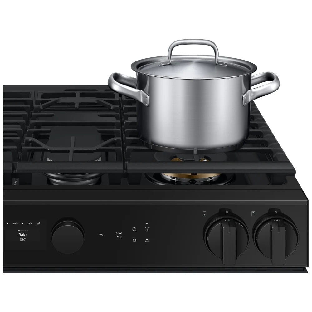 Samsung Bespoke NSG6DG8500MTAA Gas Range, 6 cu. ft. Capacity, 30 inch Exterior Width, Self Clean, True Convection, 5 Burners, Storage Drawer, & , 18,000 BTU Highest Burner, Black Matte Steel colour Aluminum Griddle,