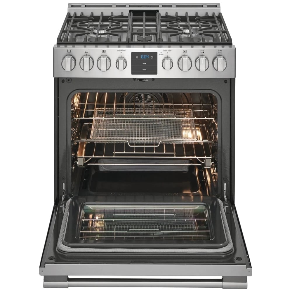 Frigidaire Professional PCFG3078AF Gas Range, 5.6 cu. ft. Capacity, 30 inch Exterior Width, Self Clean, Convection, 5 Burners, Storage Drawer, Air Fry, 18,000 BTU Highest Burner, Stainless Steel colour Air Fry tray included, True European Convection