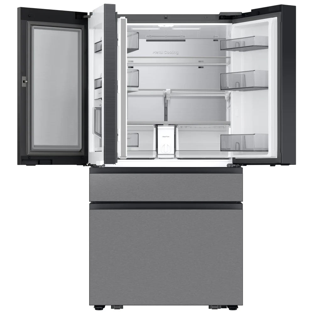Samsung Bespoke RF90F29BECRAA French Door Refrigerator, 36 inch Width, ENERGY STAR Certified, 29 cu. ft. Capacity, Custom Panel Ready, Water Dispenser (Interior), Ice Dispenser (Freezer Located), Stainless steel colour AI Home in Charcoal Glass Top