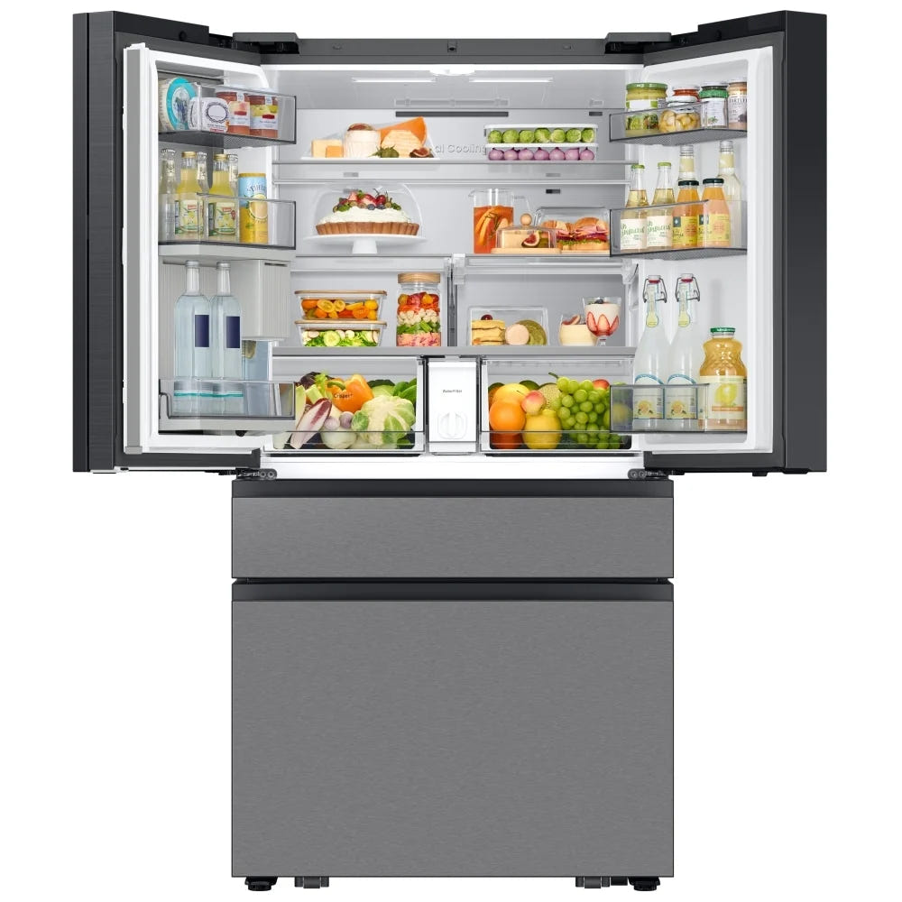 Samsung Bespoke RF90F29BECRAA French Door Refrigerator, 36 inch Width, ENERGY STAR Certified, 29 cu. ft. Capacity, Custom Panel Ready, Water Dispenser (Interior), Ice Dispenser (Freezer Located), Stainless steel colour AI Home in Charcoal Glass Top
