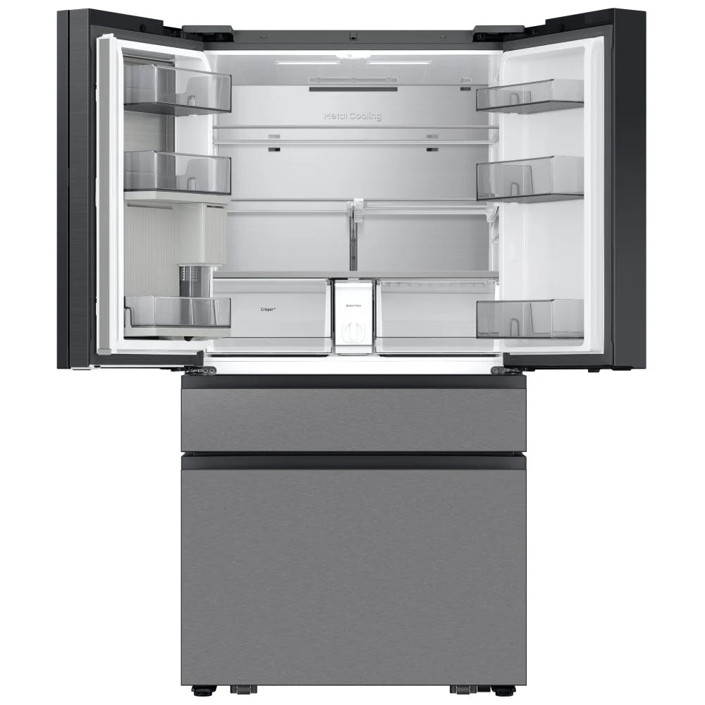 Samsung Bespoke RF90F29BECRAA French Door Refrigerator, 36 inch Width, ENERGY STAR Certified, 29 cu. ft. Capacity, Custom Panel Ready, Water Dispenser (Interior), Ice Dispenser (Freezer Located), Stainless steel colour AI Home in Charcoal Glass Top