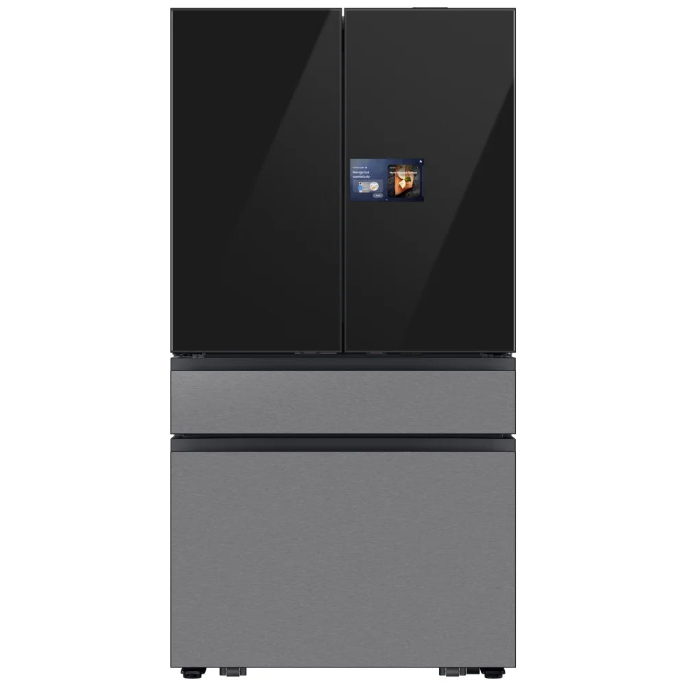 Samsung Bespoke RF90F29BECRAA French Door Refrigerator, 36 inch Width, ENERGY STAR Certified, 29 cu. ft. Capacity, Custom Panel Ready, Water Dispenser (Interior), Ice Dispenser (Freezer Located), Stainless steel colour AI Home in Charcoal Glass Top