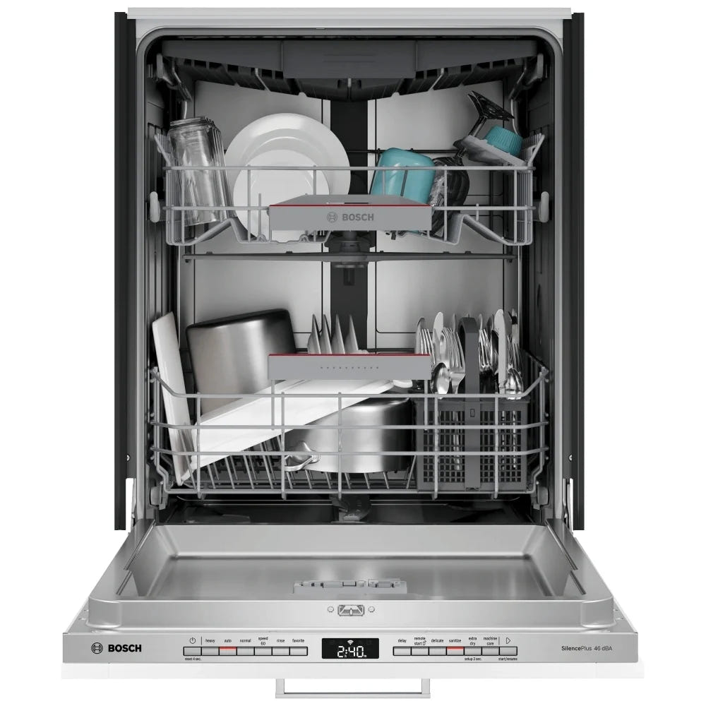 Bosch SHV53D73UC Dishwasher, 24 inch Exterior Width, 46 dB Decibel Level, Fully Integrated, Stainless Interior, Custom Panel Ready, 6 Wash Cycles, 15 Capacity (Place Settings), 3 Loading Racks, Wifi Enabled