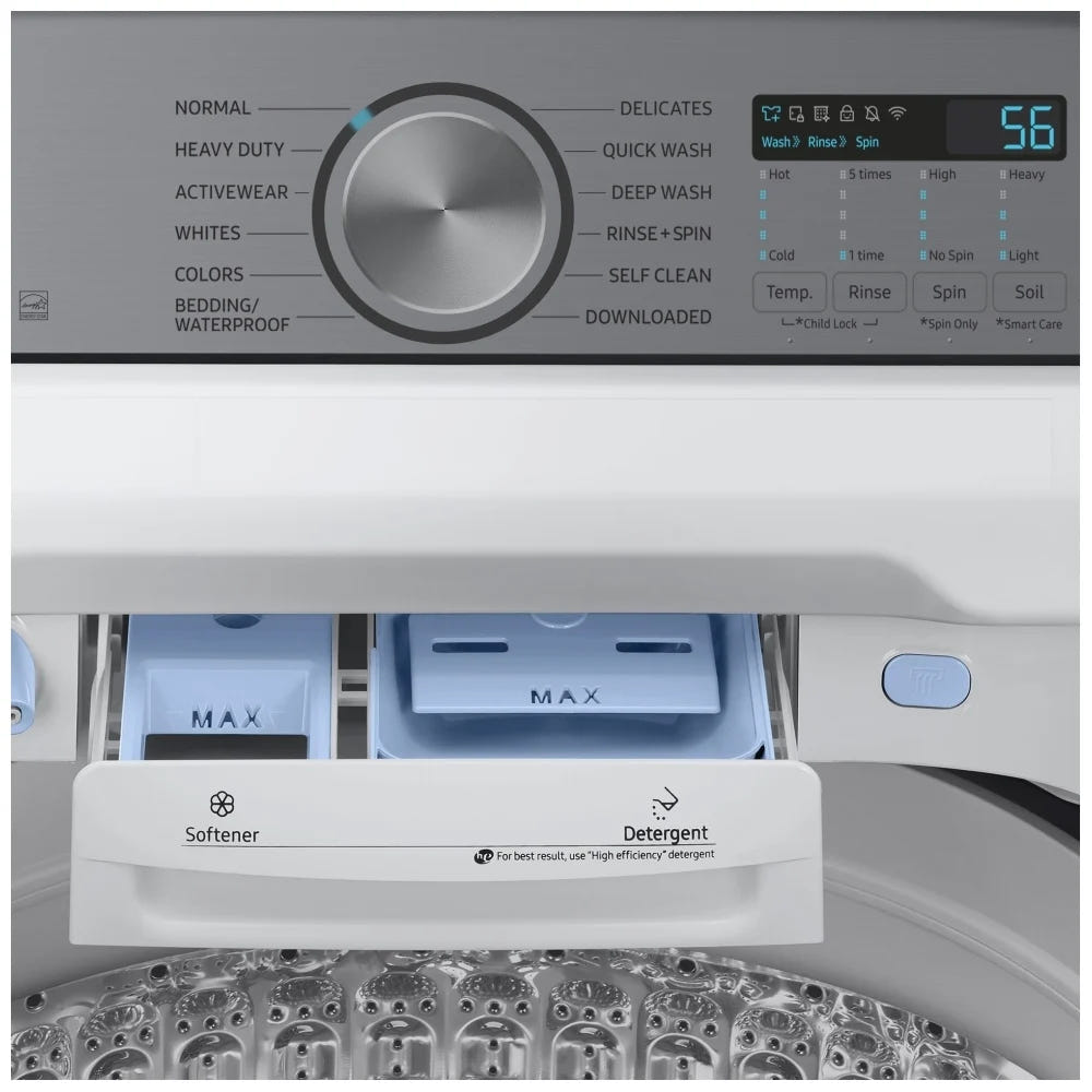 Samsung WA52DG5500AWUS Top Load Washer, ENERGY STAR Certified, 6 cu. ft. Washer Capacity, 12 Wash Cycles, 5 Temperature Settings, 750 RPM Washer Spin Speed, Impeller, Wifi Enabled, White colour