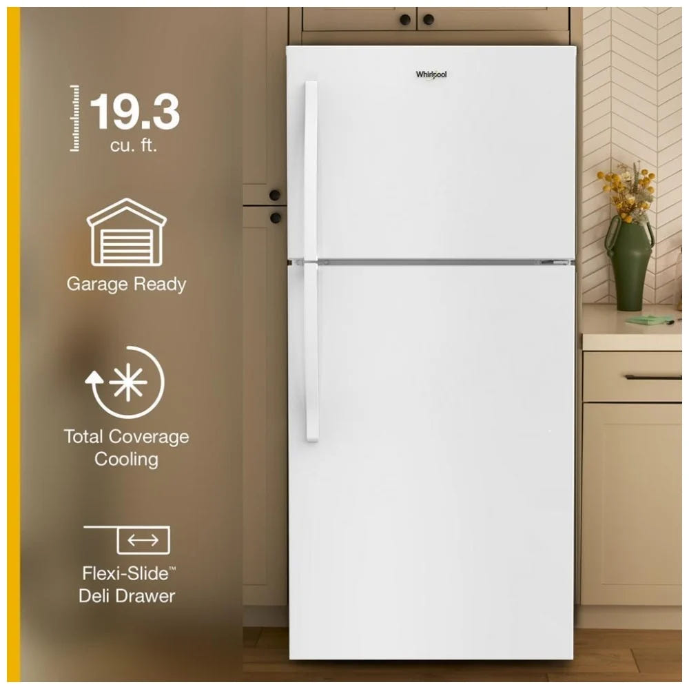 Whirlpool WRTX7419SW Top Freezer Refrigerator, 30 inch Width, 19.2 cu. ft. Capacity, Optional Ice Maker (Special Order), ENERGY STAR Certified, White colour, Flexi-Slide™ Bins, FreshSpace™ Crispers