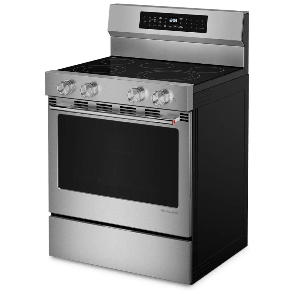 KitchenAid YKFES530SPS 电炉,5.3 立方英尺容量,30 英寸外部宽度,对流,5 个燃烧器,储物抽屉,空气炸锅,3,000 瓦最高燃烧器元件,防指纹不锈钢颜色,Even-Heat™,PrintShield™ 表面处理