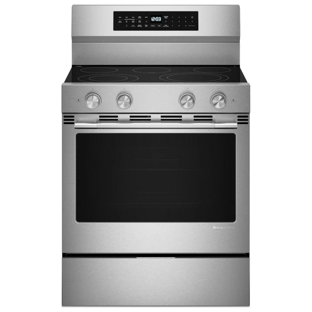 KitchenAid YKFES530SPS 电炉,5.3 立方英尺容量,30 英寸外部宽度,对流,5 个燃烧器,储物抽屉,空气炸锅,3,000 瓦最高燃烧器元件,防指纹不锈钢颜色,Even-Heat™,PrintShield™ 表面处理