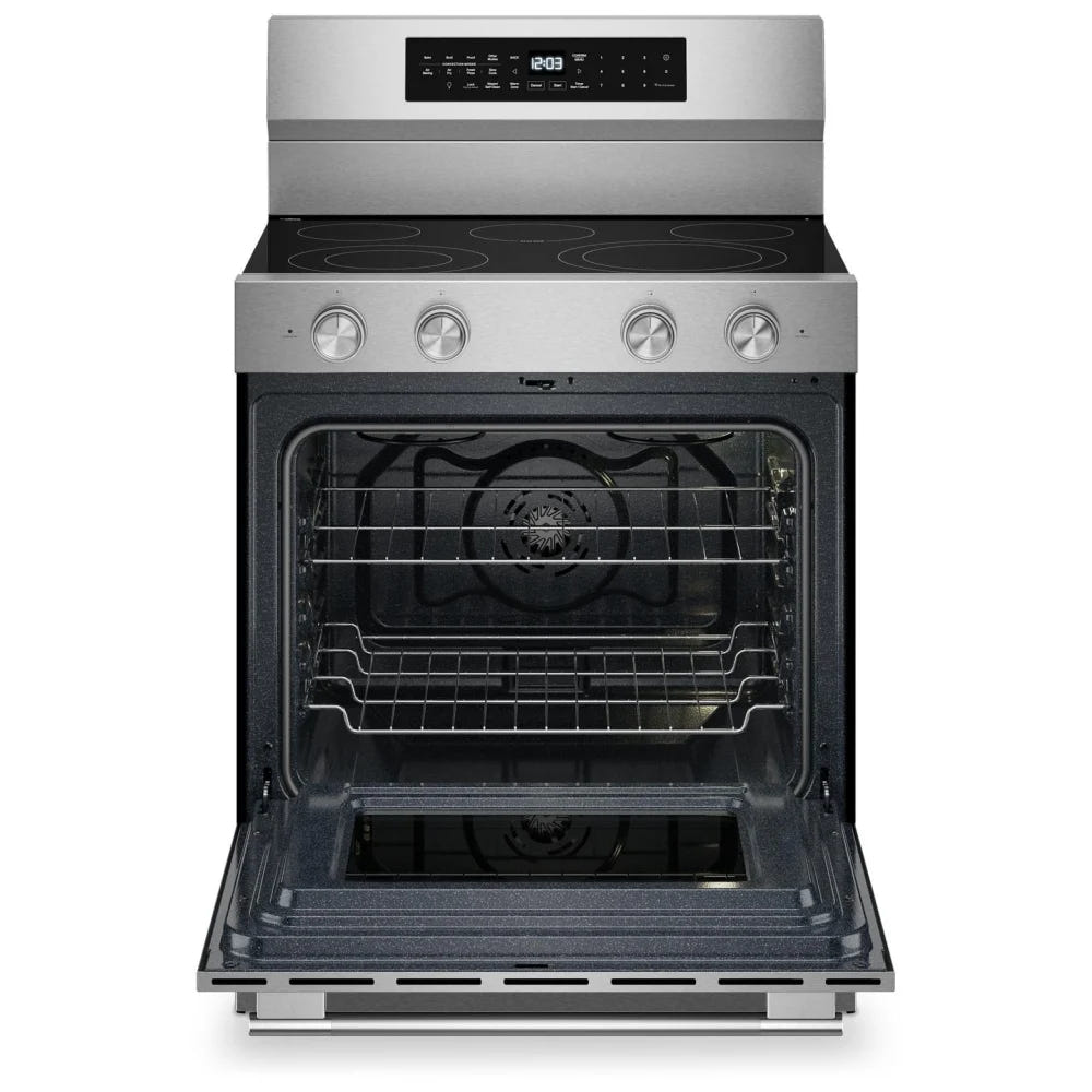 KitchenAid YKFES530SPS 电炉,5.3 立方英尺容量,30 英寸外部宽度,对流,5 个燃烧器,储物抽屉,空气炸锅,3,000 瓦最高燃烧器元件,防指纹不锈钢颜色,Even-Heat™,PrintShield™ 表面处理
