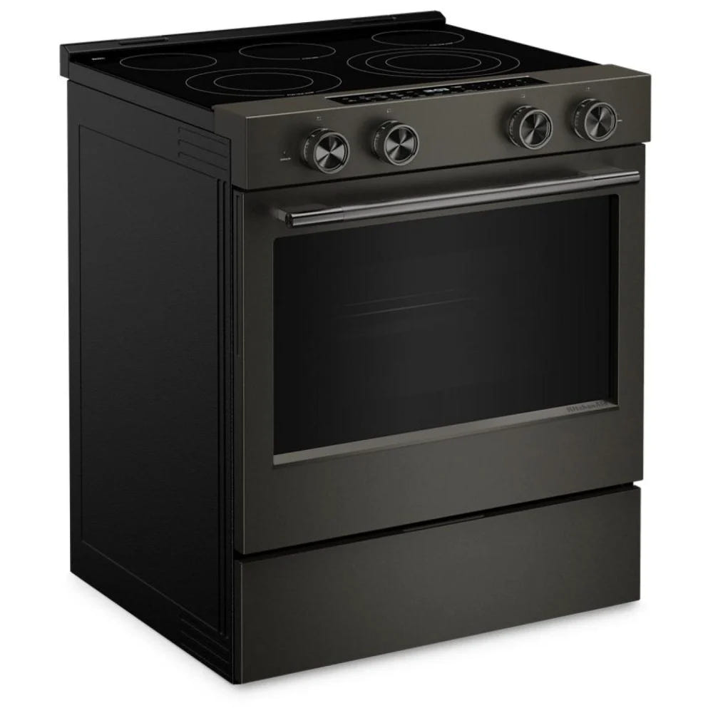 KitchenAid YKSES530SBE 电炉,5.3 立方英尺容量,30 英寸外部宽度,真对流,5 个燃烧器,储物抽屉,空气炸锅,自清洁,3,200 瓦最高燃烧器元件,黑色矿石色