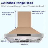 Vesta Brussels 30" 800 CFM Gold Stainless Steel Range Hood
