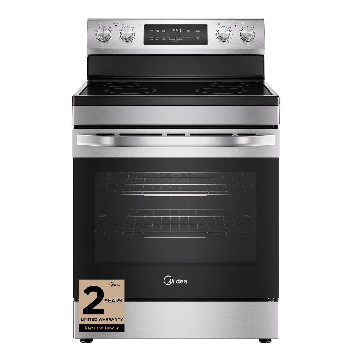 Midea MER30B14ASTC Electric Range, 6.3 cu. ft. Capacity, 30 inch Exterior Width, 4 Burners, Storage Drawer, Manual Clean, 1,800 W Highest Element, Stainless Steel colour