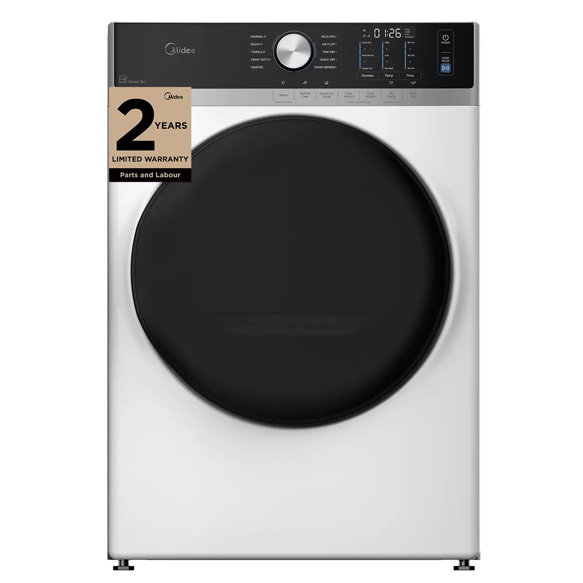 Midea MLHE52S7AWW Electric Dryer, 8.0 cu. ft. Dryer Capacity, 10 Dry Cycles, Steam Clean, 5 Temperature Settings, Vented, Stackable, White colour