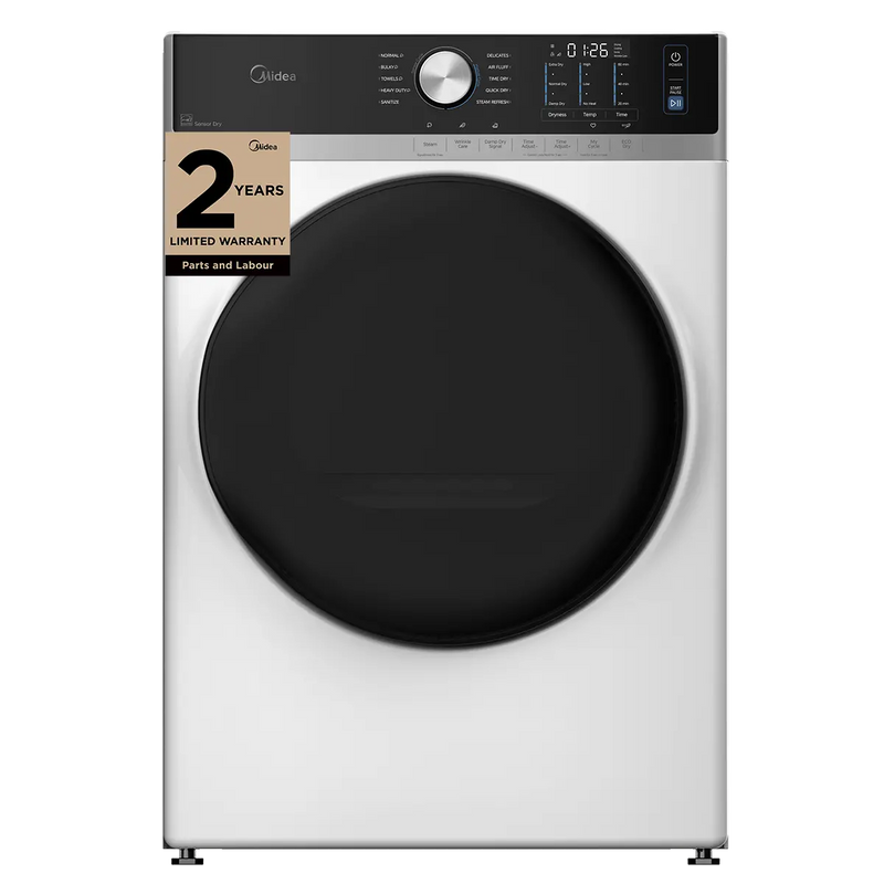 Midea MLHE52S7AWW Electric Dryer, 8.0 cu. ft. Dryer Capacity, 10 Dry Cycles, Steam Clean, 5 Temperature Settings, Vented, Stackable, White colour