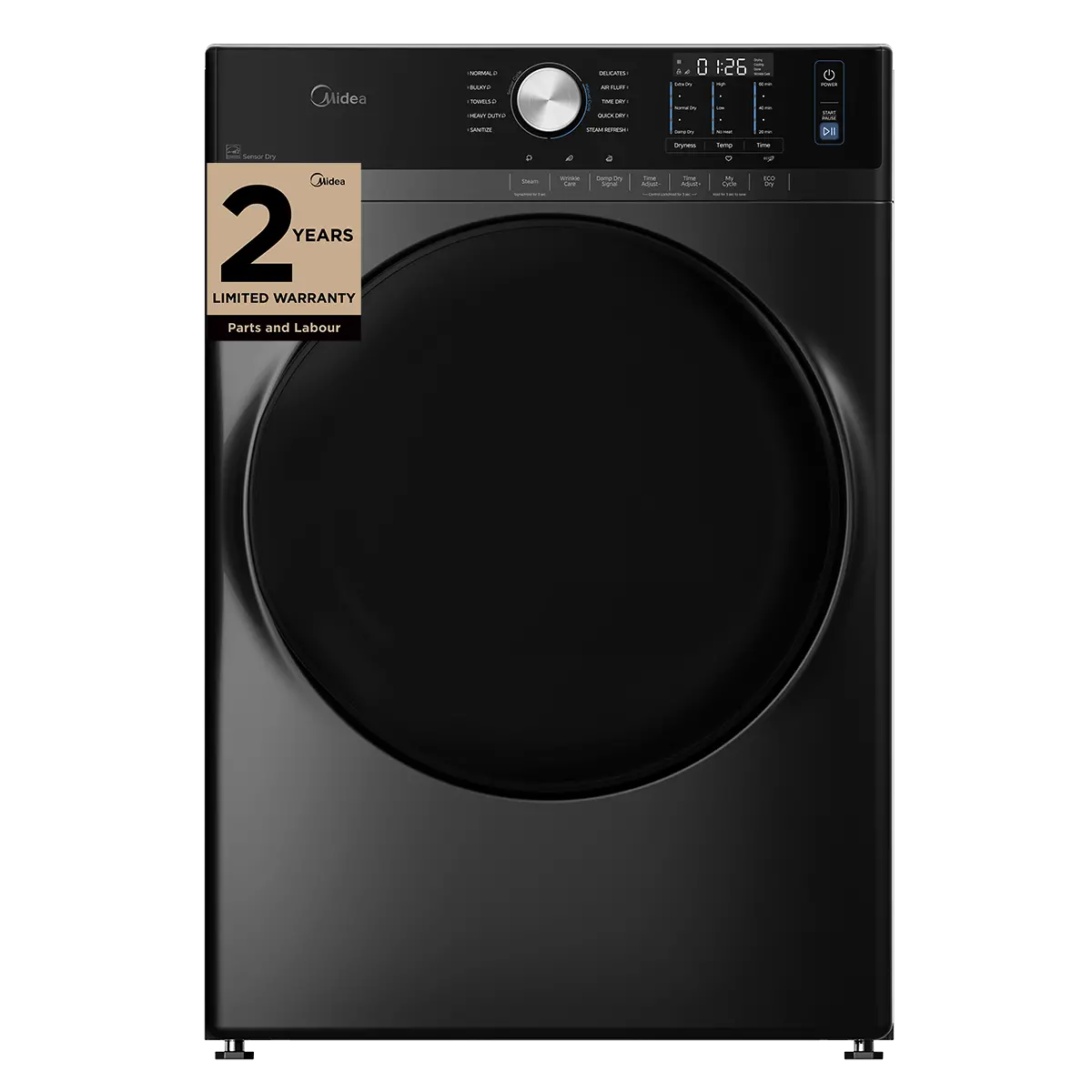 Midea MLHE52S7AGG Electric Dryer, 8.0 cu. ft. Dryer Capacity, 10 Dry Cycles, Steam Clean, 5 Temperature Settings, Vented, Stackable, Metallic Grey colour