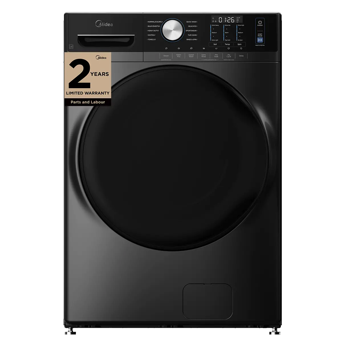Midea MLHW52S7AGG Front Load Washer, 27 inch Width, 5.2 cu. ft. Washer Capacity, 1,300 RPM Washer Spin Speed, 10 Wash Cycles, 5 Temperature Settings, Water Heater, Steam Clean, ENERGY STAR Certified, Metallic Grey colour