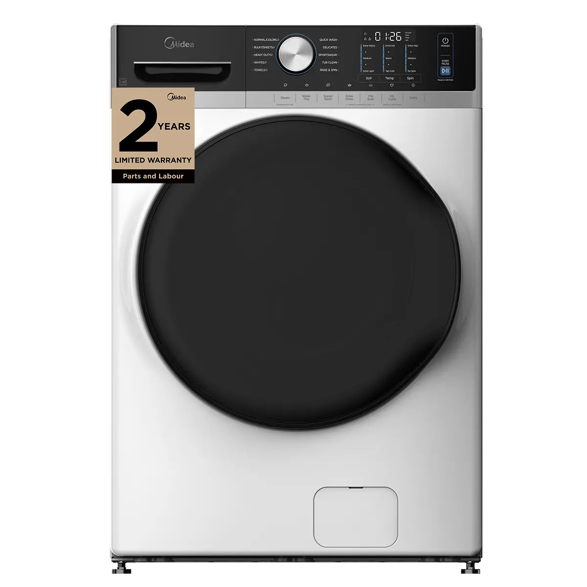 Midea MLHW52S7AWW Front Load Washer, 27 inch Width, 5.2 cu. ft. Washer Capacity, 1,300 RPM Washer Spin Speed, 10 Wash Cycles, 5 Temperature Settings, Water Heater, Steam Clean, ENERGY STAR Certified, White colour
