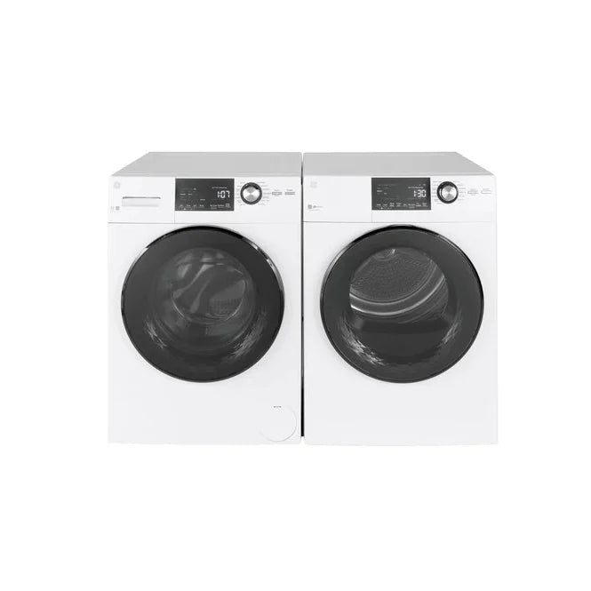 GE Compact Washer & Electric Dryer Bundle on a countertop