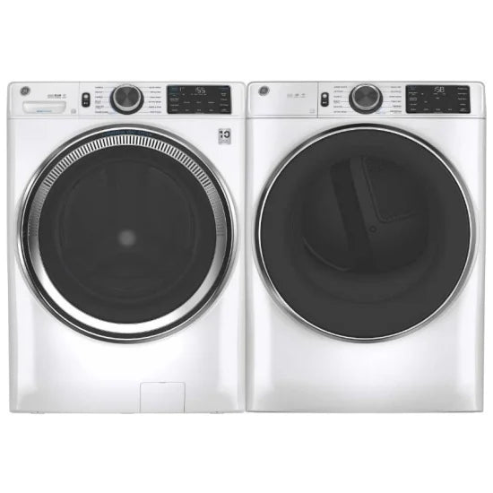 GE Front Load Washer & Electric Dryer Bundle on a countertop