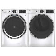 GE Front Load Washer & Electric Dryer Bundle on a countertop