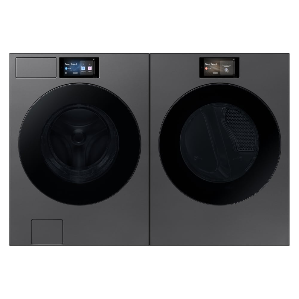 Samsung Bespoke dark steel laundry pair featuring the 6.1 cu.ft Energy Star Front Load Washer with Water Heater, Steam Clean, and WiFi WF90F53ADSA5 and the 7.6 cu.ft Electric Dryer with Steam Clean and WiFi DV90F53AESAC