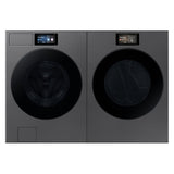 Samsung Bespoke dark steel laundry pair featuring the 6.1 cu.ft Energy Star Front Load Washer with Water Heater, Steam Clean, and WiFi WF90F53ADSA5 and the 7.6 cu.ft Electric Dryer with Steam Clean and WiFi DV90F53AESAC